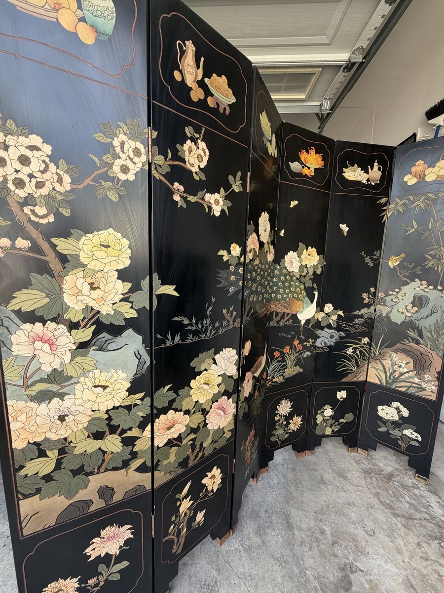 Vintage Chinese 6-Panel Black Lacquer Folding Screen – Hand Painted