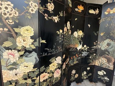 Vintage Chinese 6-Panel Black Lacquer Folding Screen – Hand Painted