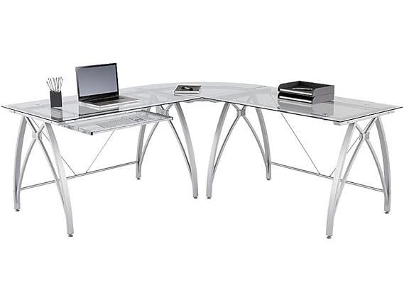 Realspace Vista Glass L-Shaped Corner Desk – Modern Silver & Glass Office Desk