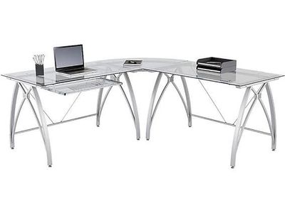 Realspace Vista Glass L-Shaped Corner Desk – Modern Silver & Glass Office Desk