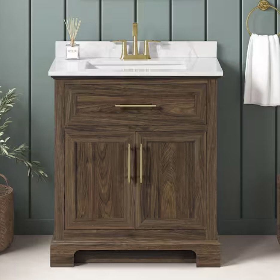 Home Decorators Collection Doveton 30 in. Single Sink Freestanding Dark Walnut Bath Vanity with White Engineered Marble Top
