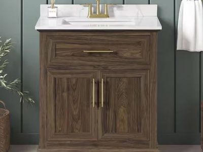 Home Decorators Collection Doveton 30 in. Single Sink Freestanding Dark Walnut Bath Vanity with White Engineered Marble Top