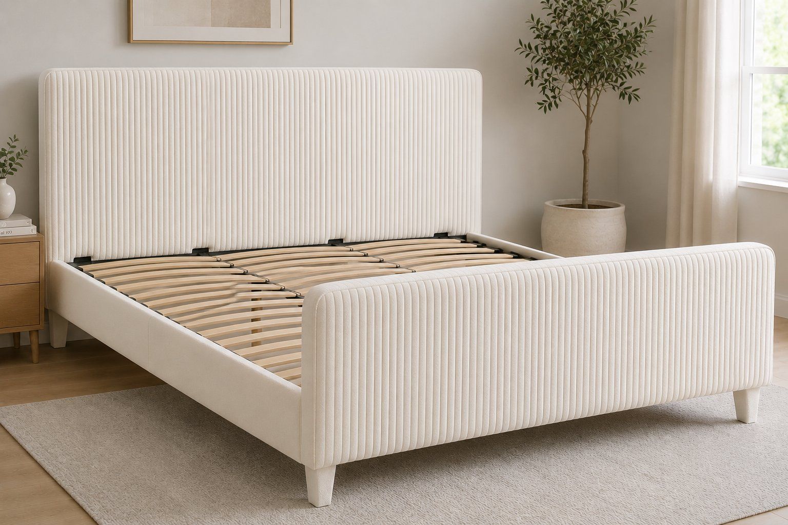 New King Upholstered Platform Bed Frame – Cream White – Wood Slats – No Box Spring #398