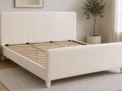 New King Upholstered Platform Bed Frame – Cream White – Wood Slats – No Box Spring #398