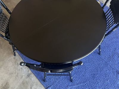 Vintage Black Round Dining Table with 4 Carved Windsor-Style Spindle Back Chairs - Solid Wood