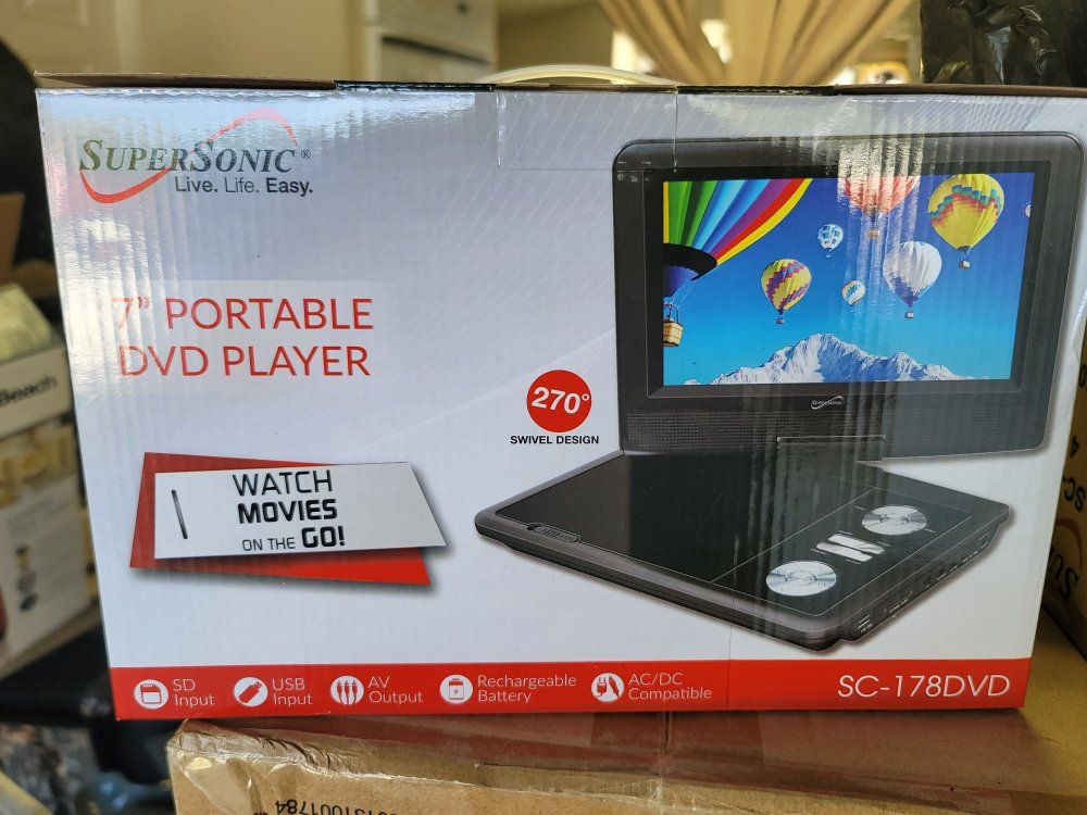 Supersonic SC-178DVD 7" Portable DVD Player with 270° Swivel Screen, USB, SD Card, Rechargeable Battery