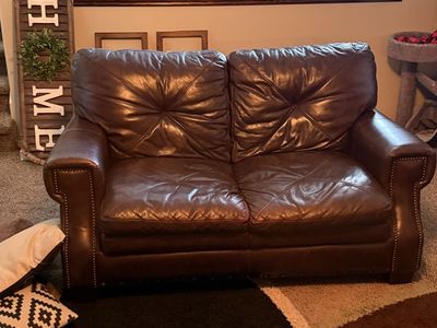 Brown Leather Sofa and Loveseat Set with Nailhead Trim $200