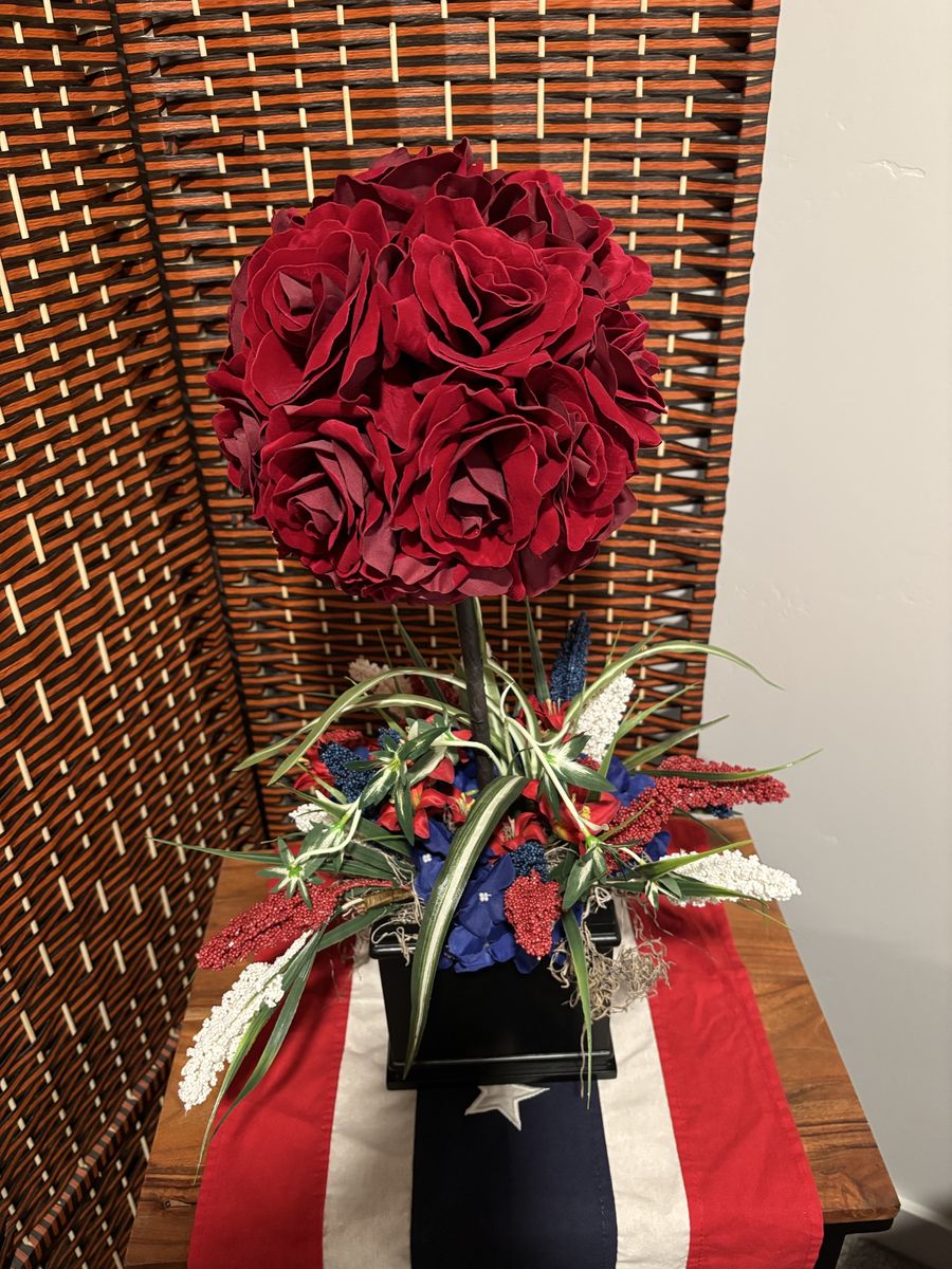 Patriotic Red Rose Topiary Floral Centerpiece Arrangement in Black Planter Base