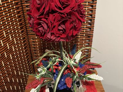 Patriotic Red Rose Topiary Floral Centerpiece Arrangement in Black Planter Base