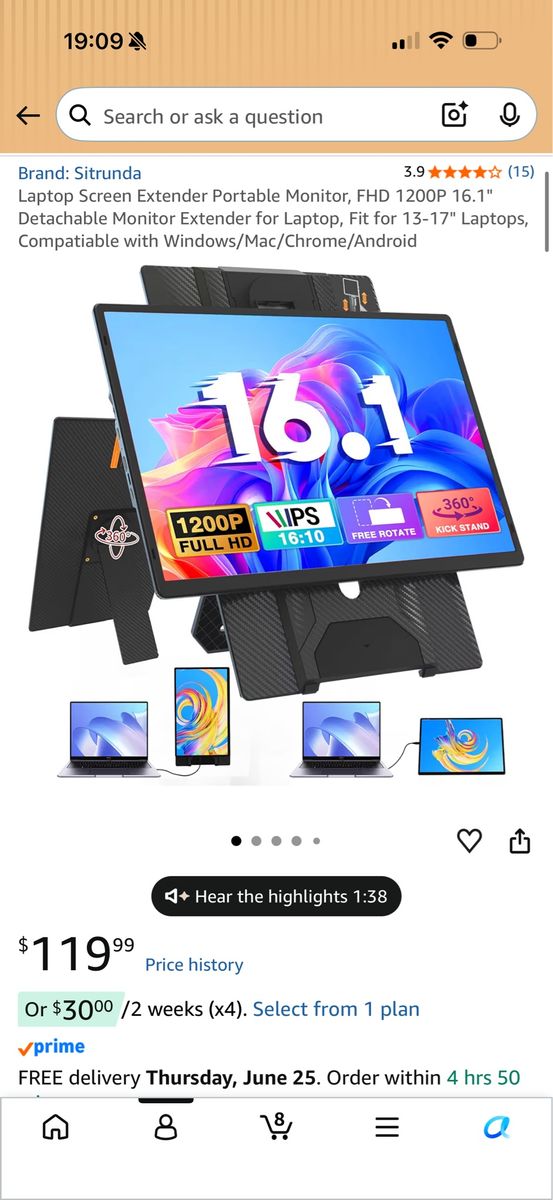 Sitrunda 16.1" Portable Monitor, 1200P Full HD IPS Display, Detachable Laptop Screen Extender