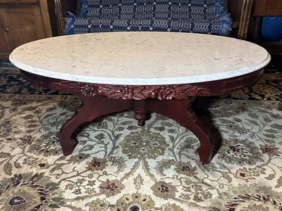 Italian Marble And Solid Carved Maple Coffee Table