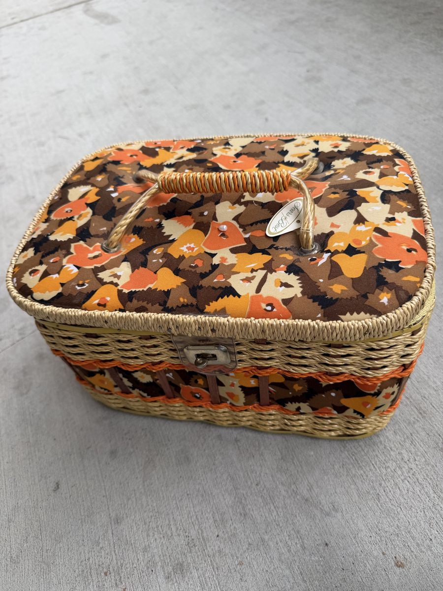 Vintage Mid-Century Straw Woven Basket with Floral Fabric Lining, 12" Long