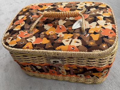 Vintage Mid-Century Straw Woven Basket with Floral Fabric Lining, 12" Long
