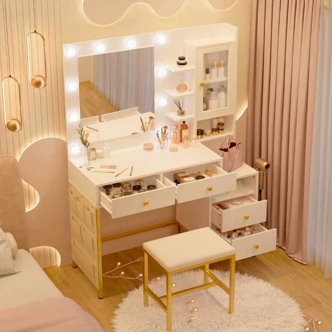 Hollywood Vanity Desk with LED Lights, Mirror & Stool – New (Minor Cosmetic Crack) # 430