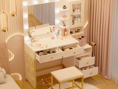 Hollywood Vanity Desk with LED Lights, Mirror & Stool – New (Minor Cosmetic Crack) # 430