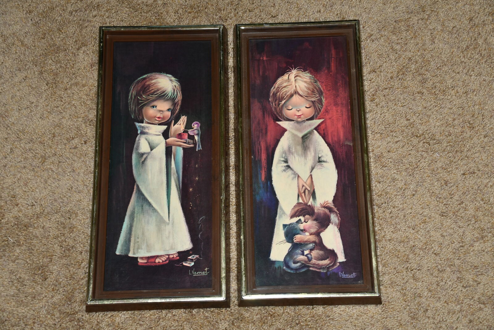 2 VINTAGE "VEMET" WALL HANGINGS ~ BOY/GIRL ~ MID CENTURY MODERN ~ 7" x 16"
