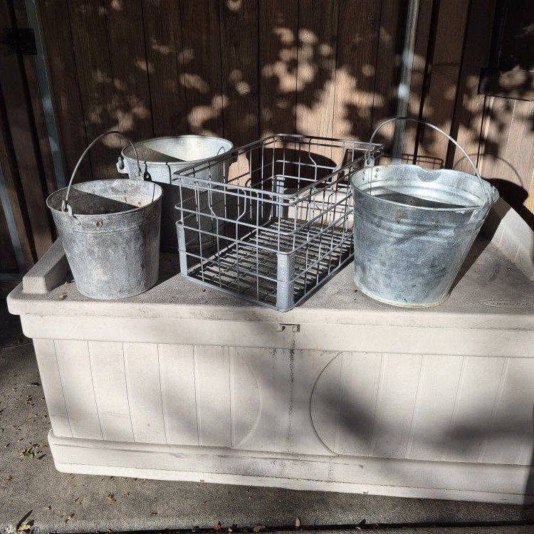 Galvanized Metal Buckets & Wire Crate - Rustic Farmhouse Decor/Storage
