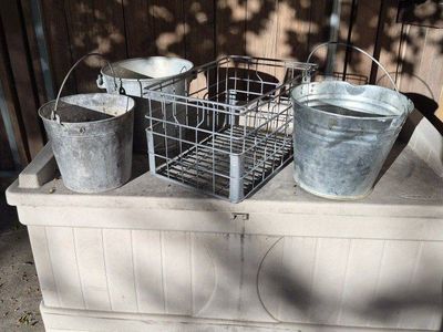 Galvanized Metal Buckets & Wire Crate - Rustic Farmhouse Decor/Storage