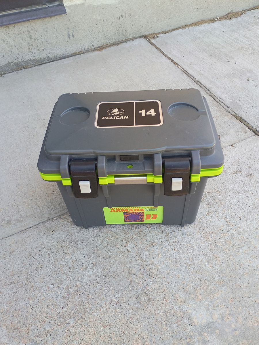 Pelican 14 Elite Cooler - Gray/Lime Green with Armada Skis Sticker