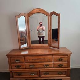 Beautiful, large wooden dresser and matching mirror