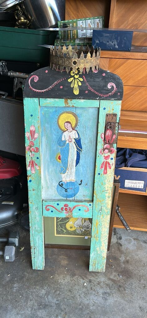 Hand Painted Virgin Mary On A Antique Wooden Door.