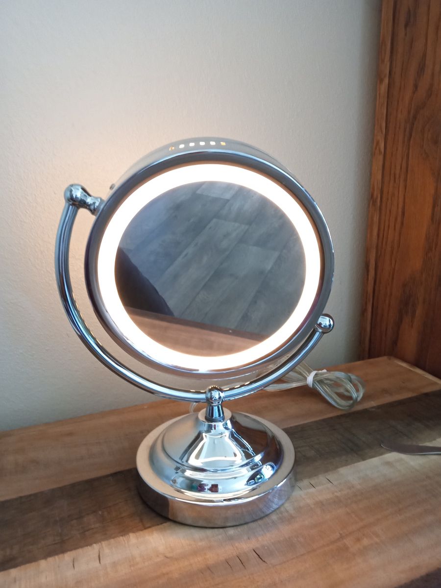 Chrome dual lighted vanity mirror two sided two light settings and 360 rotation