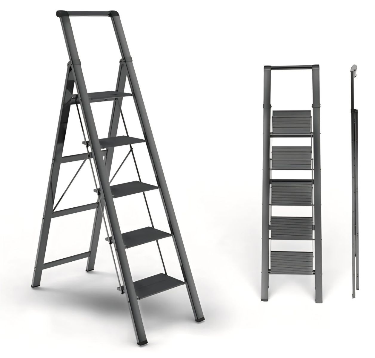 5 Step Ladder, Folding Step Stool, Portable Iron Foldable Black Ladder for 10 Foot High Ceiling with Anti-Slip Wide Sturdy Pedal