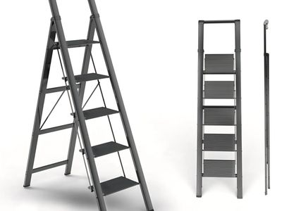 5 Step Ladder, Folding Step Stool, Portable Iron Foldable Black Ladder for 10 Foot High Ceiling with Anti-Slip Wide Sturdy Pedal