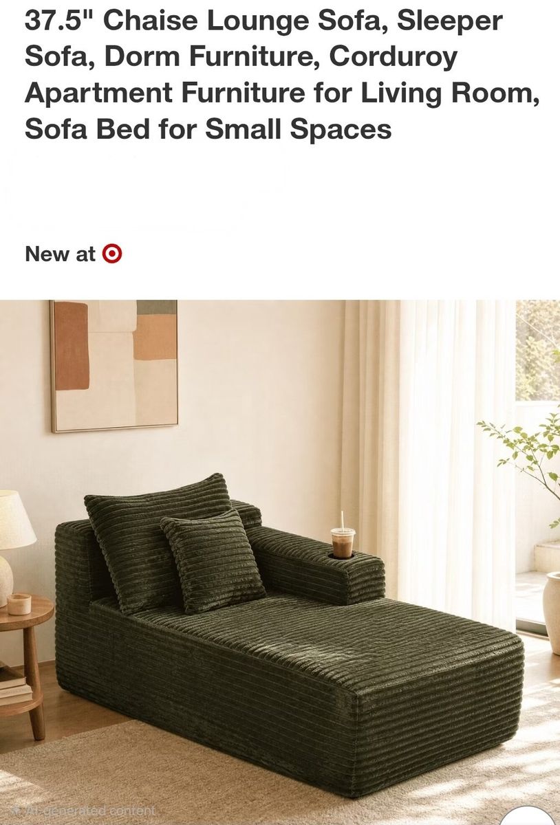 Green Corduroy Chaise Lounge Chair with Built-in Cup Holder and Pillows