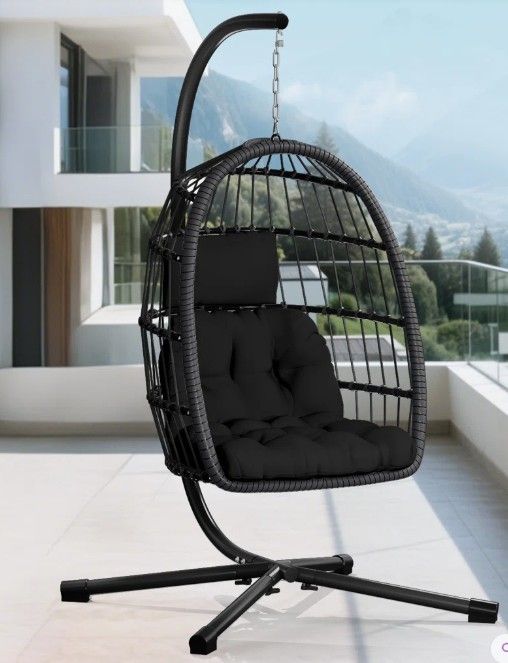 New - Rattan Hanging Egg Chair w/ Stand, Black
