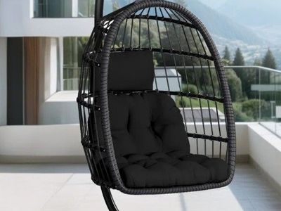 New - Rattan Hanging Egg Chair w/ Stand, Black