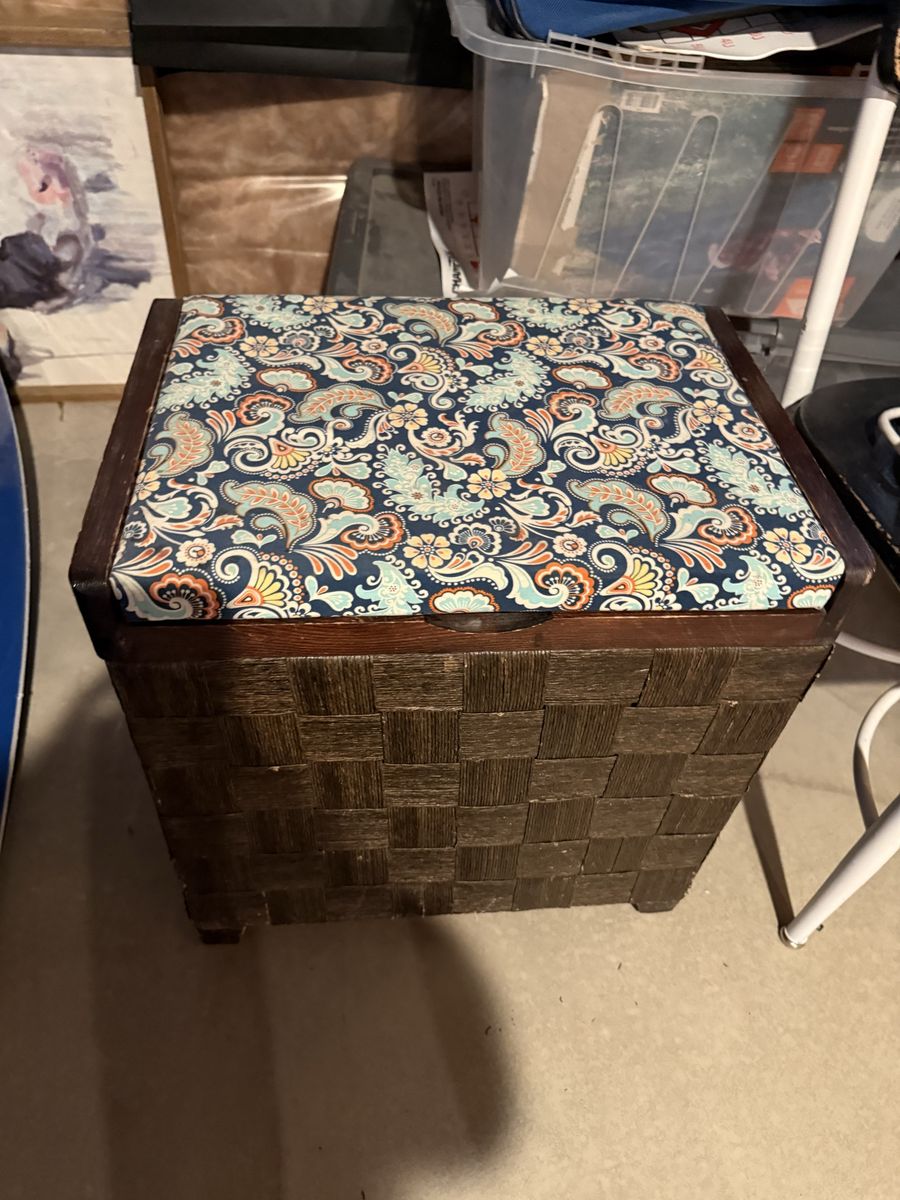 Woven Wood Storage Ottoman Stool with Paisley Upholstered Lid - Dark Brown, Multifunctional