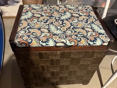 Woven Wood Storage Ottoman Stool with Paisley Upholstered Lid - Dark Brown, Multifunctional