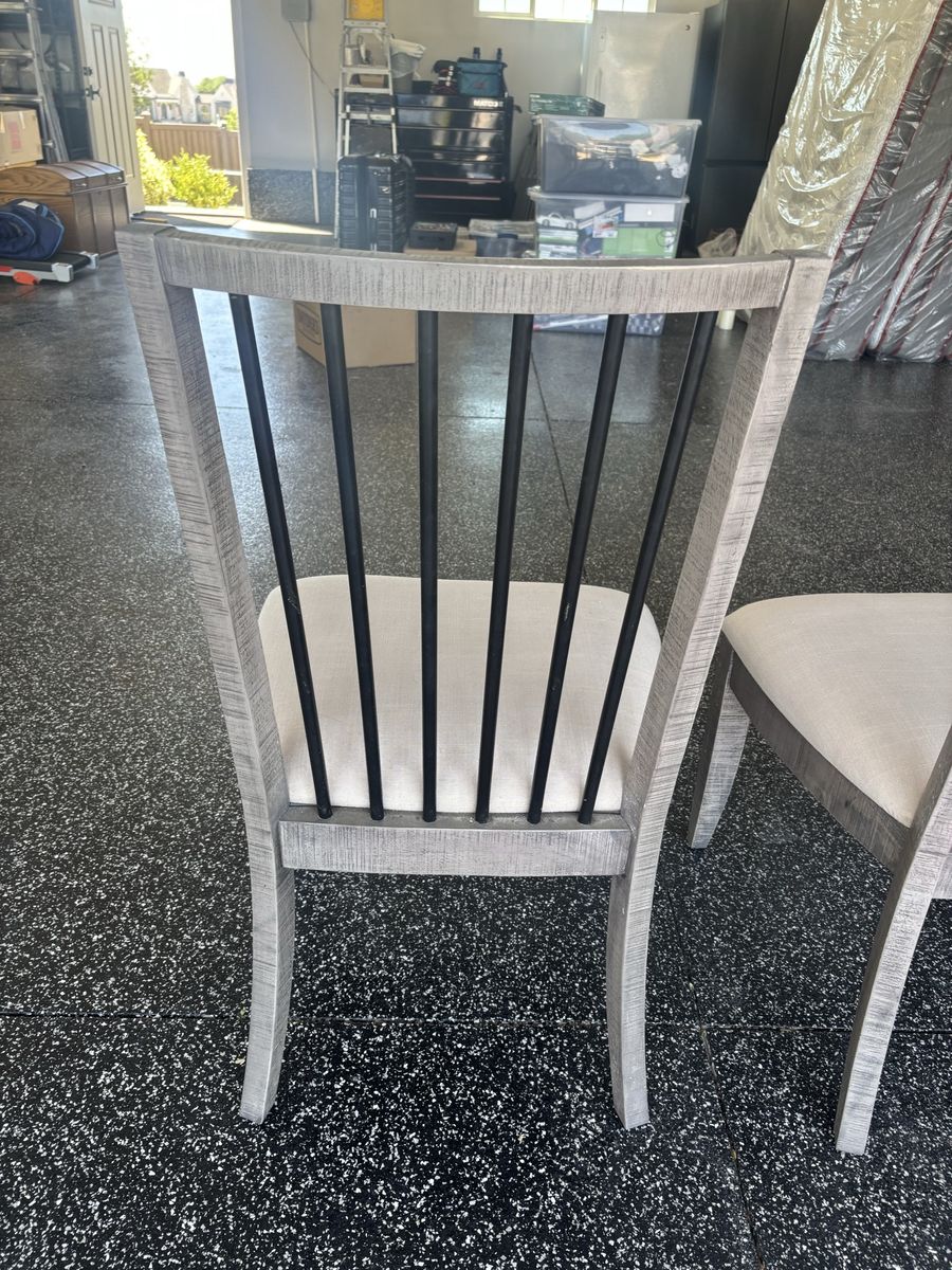 Set of 4 Grey Washed Wood Dining Chairs with Upholstered Seats