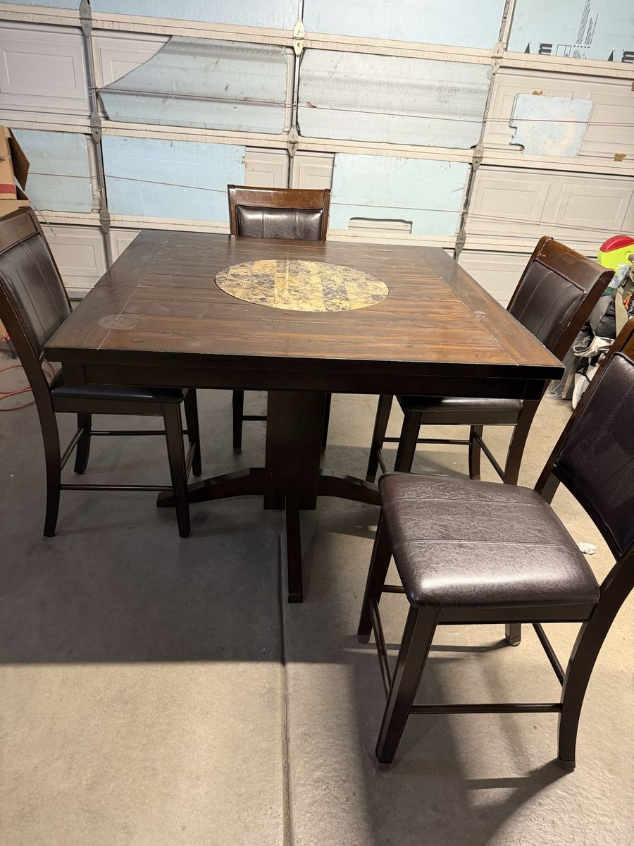 Square Counter-Height Dining Table with Stone Inlay & 4 Upholstered Stools