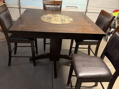 Square Counter-Height Dining Table with Stone Inlay & 4 Upholstered Stools