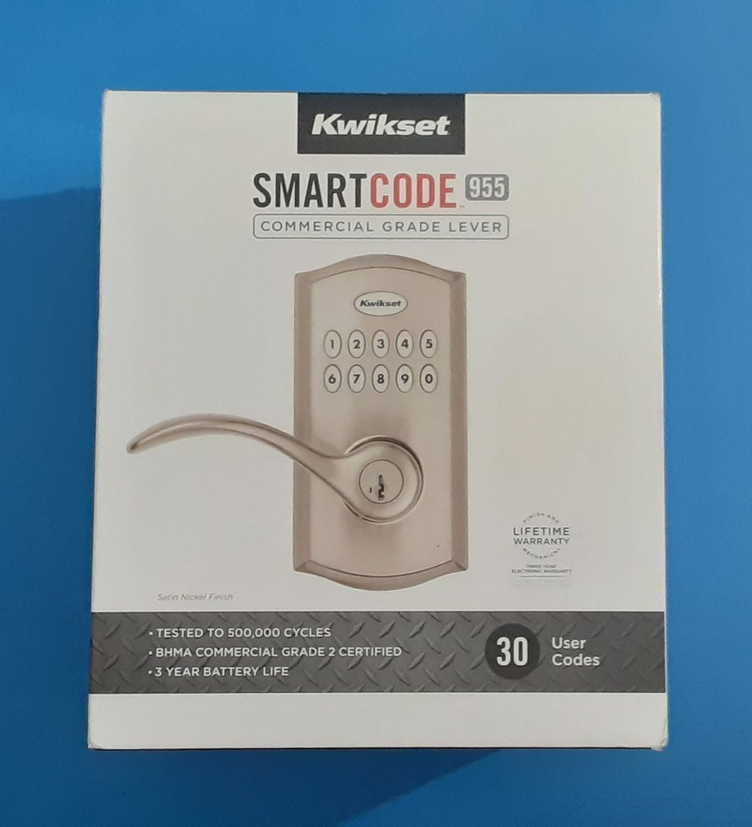 New Kwikset SmartCode 955 Electronic Door SmartKey Security Deadbolt Lock for up to 30 User Keycodes - Satin Nickel