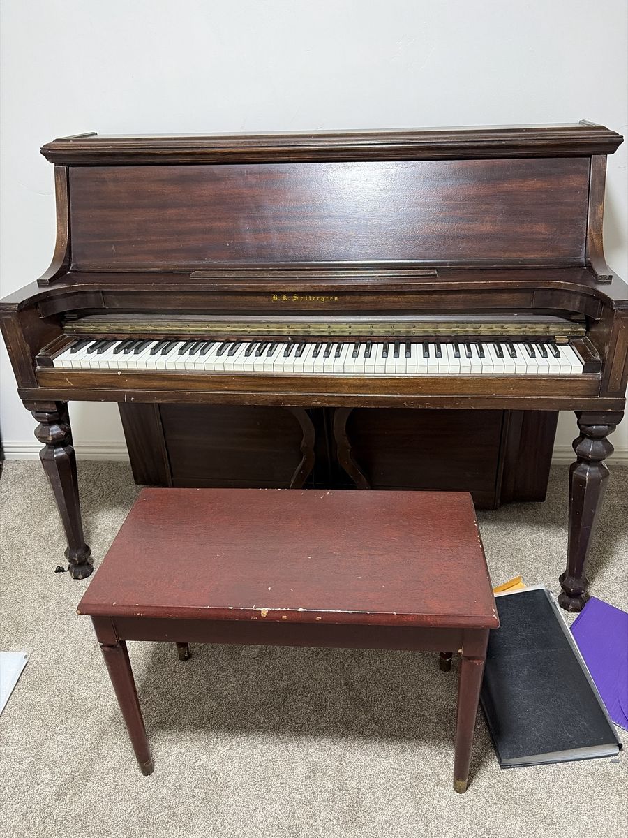 FREE!! B.K. Settergren Upright Piano with Matching Bench - Wood Finish