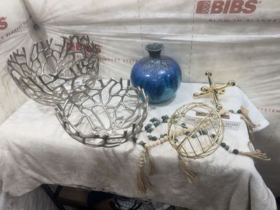 Decorative Home Accents Lot - Silver Metal Coral Bowls, Blue Glazed Vase, Gold Accents & Beads