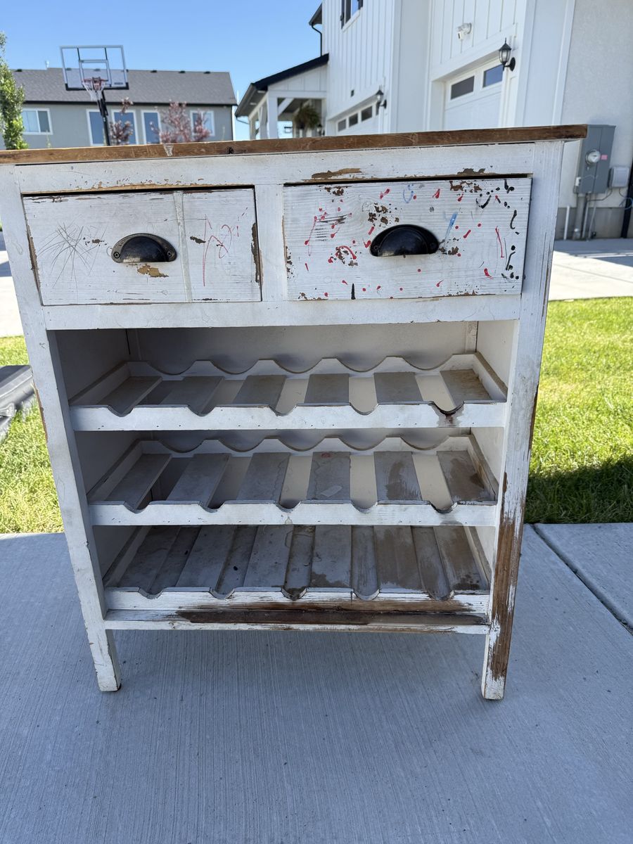 [FREE] Shabby Chic White & Wood Wine Rack Cabinet - Rustic Storage with 2 Drawers