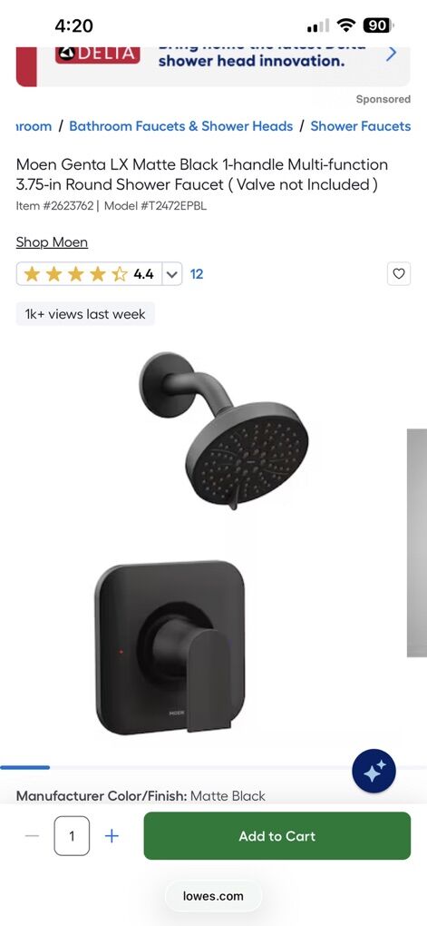 Moen Genta Matte Black Shower Trim