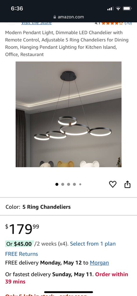5 Ring Modern Pendant Light, LED Chandelier, New
