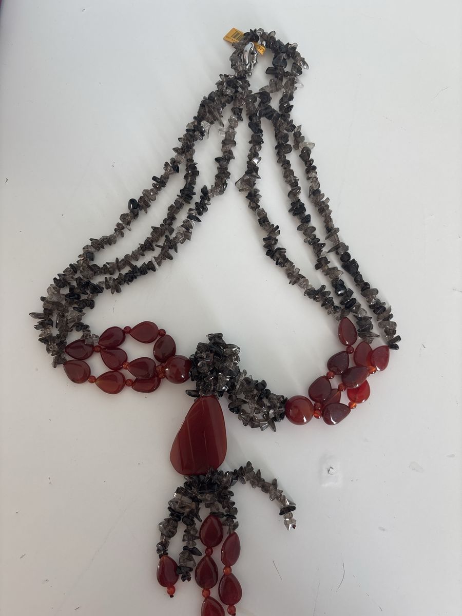 Handcrafted Multi-Strand Statement Necklace with Smokey Quartz & Carnelian Gemstones