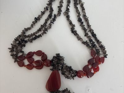 Handcrafted Multi-Strand Statement Necklace with Smokey Quartz & Carnelian Gemstones
