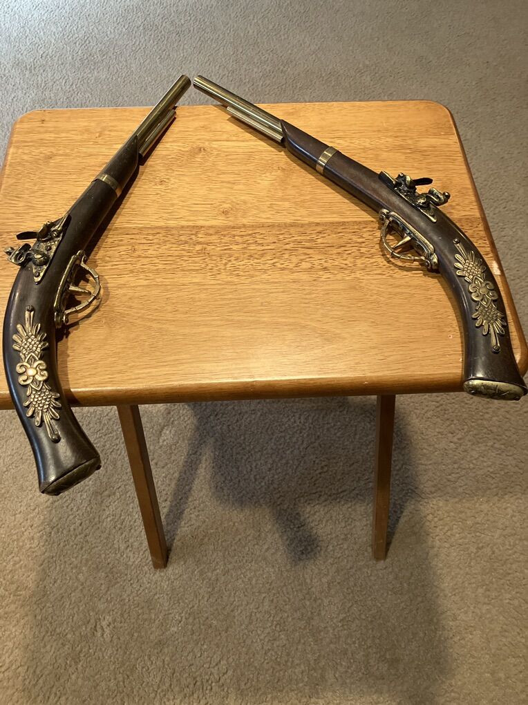 Vintage English Decorative Wood & Brass Pistols