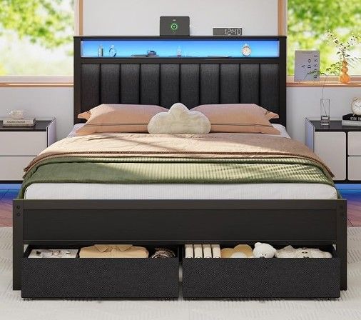 New - Furnulem Queen Bed Frame w/ Charging Station and LED Lights, Grey