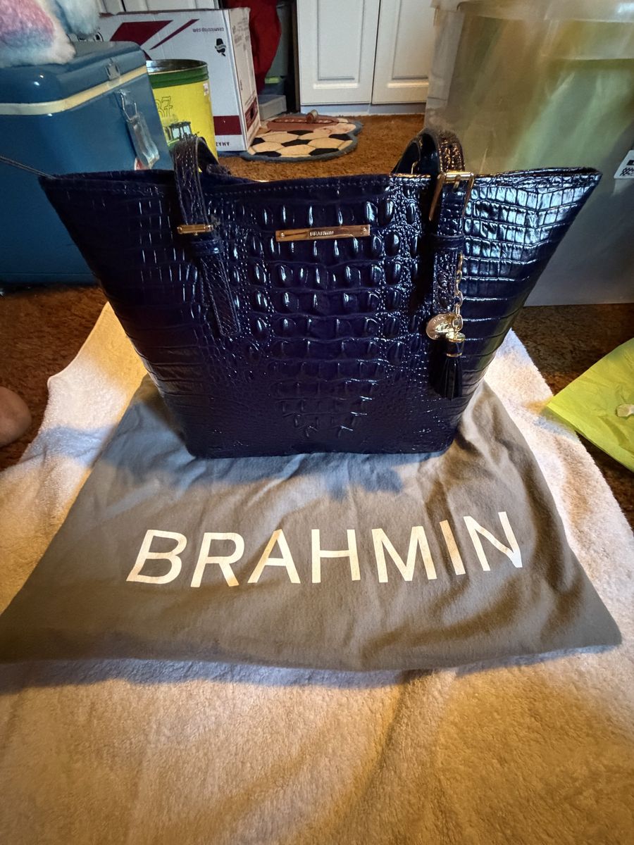 Brahmin Navy Blue Croc-Embossed Leather Handbag with Dust Bag