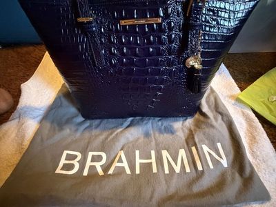 Brahmin Navy Blue Croc-Embossed Leather Handbag with Dust Bag