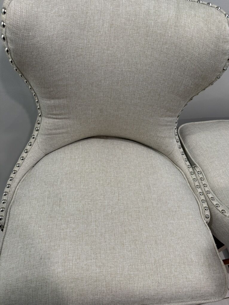 4 grey, swivel, counter height, tufted bar stools.