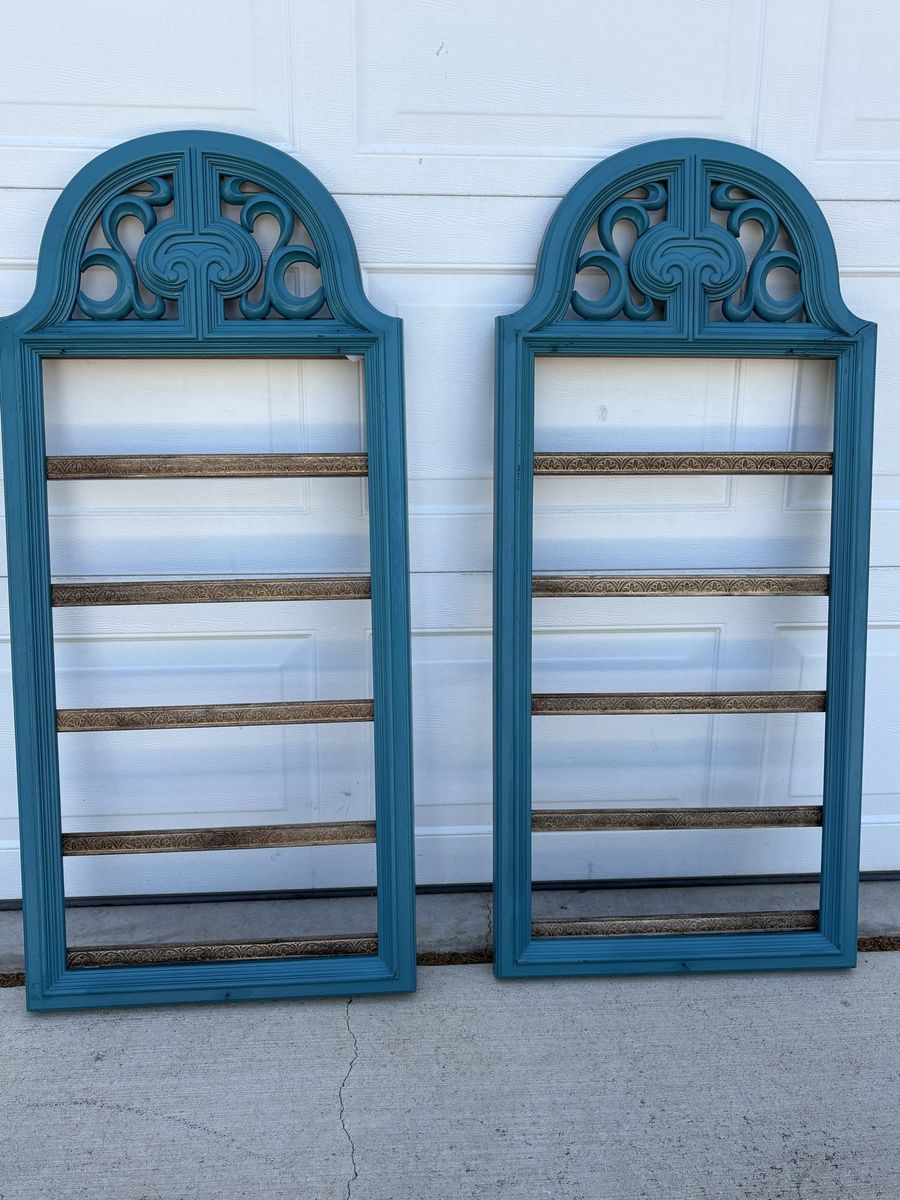 Teal Arched Window Frames - Set of 2 with Ornate Carved Detail & Built-in Shelves,